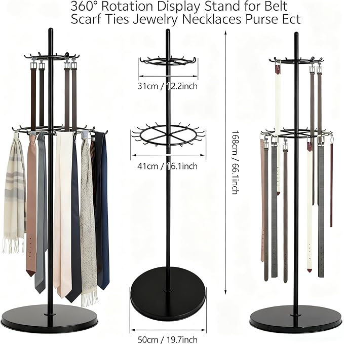 360° Rotation Belt Hanger, Black Belt Display Scarf &Ties Rack Stand, Floor Mounted Metal Men Closet Belt Organizer Holder Jewelry Necklaces Purse Hanger Shelf for Clothing Store Retail & Home