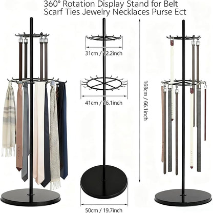 360° Rotation Belt Hanger, Black Belt Display Scarf &Ties Rack Stand, Floor Mounted Metal Men Closet Belt Organizer Holder Jewelry Necklaces Purse Hanger Shelf for Clothing Store Retail & Home