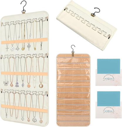 48 Pocket Oxford Fabric Double Sided Hanging Rotating Jewelry Organizer, Bracelet Necklace Jewelry Display Hanger for Closet Door, Earring Dustproof Holder Wall Mount Accessories(Off-white)