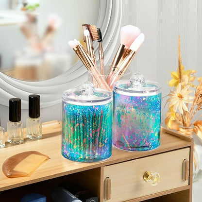 4 Pack Qtip Holder Dispenser Rainbow Grid Marble Cotton Ball Cotton Swab Round Pads Floss Clear Bathroom Storage Containers Plastic Apothecary Jars with Lids