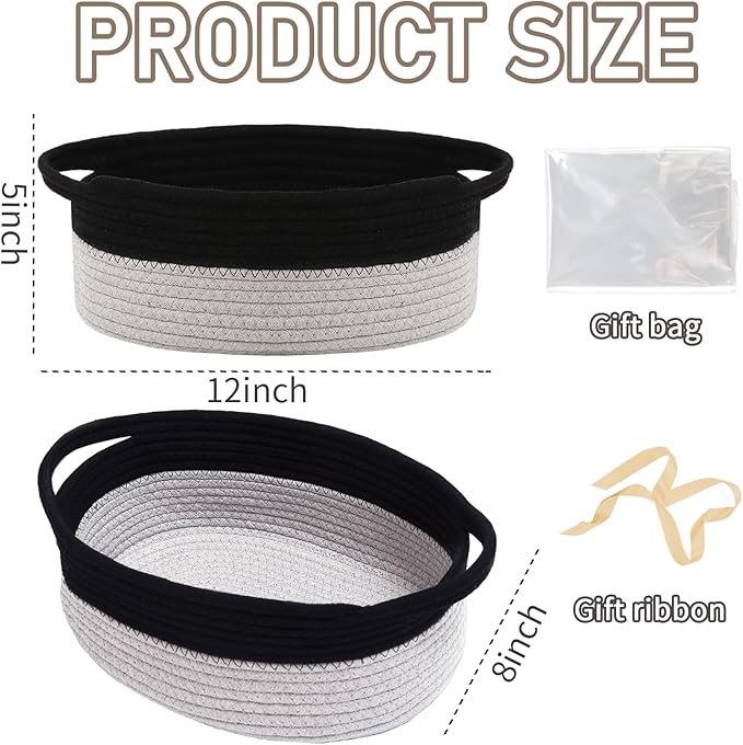 JMvicyroam Woven Basket,Small Rope Storage Bin with Handles & Ribbon Bag, Organizer for Shelves Closets,Gift Basket Empty for Birthday,Books,Dog Toys, Black&Grey