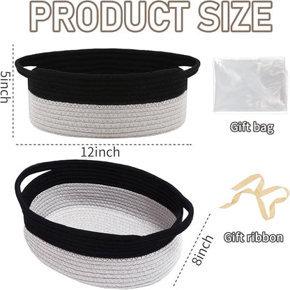 JMvicyroam Woven Basket,Small Rope Storage Bin with Handles & Ribbon Bag, Organizer for Shelves Closets,Gift Basket Empty for Birthday,Books,Dog Toys, Black&Grey