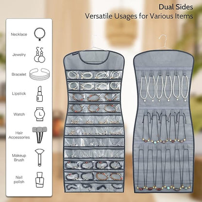 Dual sided Jewelry Hanging Organizer Closet Necklace Holder for Earrings Bracelets Rings with 42 Clear Pockets and 17 Hook Loops (Grey