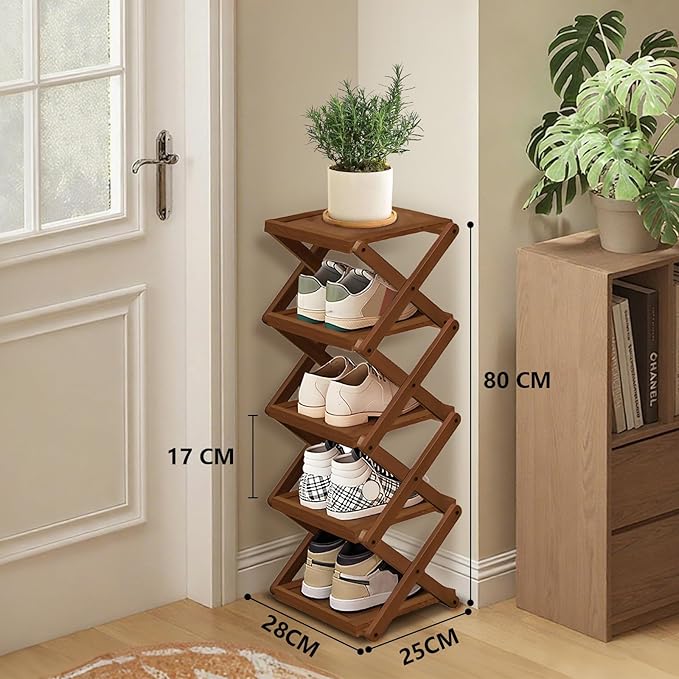 YYW Shoe Rack, Foldable Bamboo Shoes Shelf, Freestanding Shoe Storage Organiser for Entryway, Bedroom, Closet, Hallway - Functional, Natural Shoe Rack (Brown, 5 Layers)