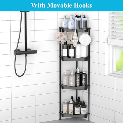 HuggieGems 4 Tier Floor Standing Corner Shower Caddy Organizer Shelf with Hooks, Bathroom Shelves Stand Rack, Jet Black