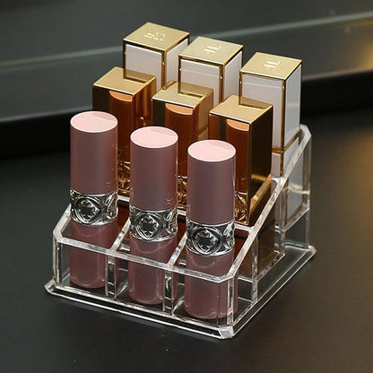 Lipstick Lip Gloss Organizer Small Clear Lipstick Holder 9 Slots Acrylic Case Essential Oil Rollerball Perfume Holder Display Cases for Brushes, Bottles