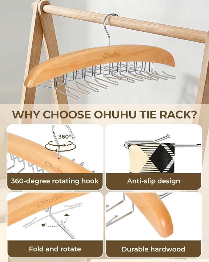 Ohuhu 24-Hook Wooden Tie Rack Organizer for Closet – Space Saving Hanger with 360° Rotating Anti-Slip Clips, Holds 24 Ties Securely Without Wrinkles – Premium Hardwood & Rustproof Steel