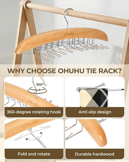 Tie Rack Hanger for Closet: Ohuhu 2 Packs 24 Folding Hooks Tie Hangers for Men Wooden Tie Holder Organizer Space Saving Necktie Storage 360 Degree Rotating Ties Belts Scarves Tank Tops-Burlywood