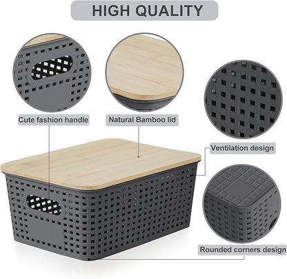 Bagnizer Small Plastic Storage Bins with Bamboo Lids 5.2qt Stackable Box Basket Pantry Decorative Containers Cute with Lable for Organizing Desktop Closet Office Gray of 6 packs 10 * 7.2 * 4.1"
