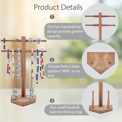 NEW Wooden Baseball & Softball Championship Ring Holder with Drip Necklace Display – Sports Organizer Baseball Gifts for Jewelry & Awards(MVP)