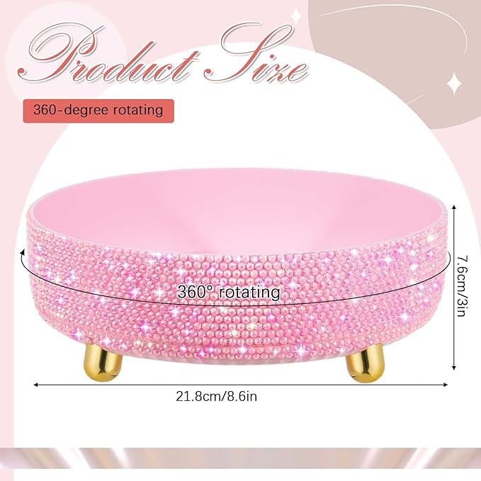 Honeydak Pink Bling Perfume Makeup Organizer Bling Mother's Day Nurses Day Gifts for Women Bathroom Organizers and Storage 360 Rotating Makeup Organizer for Countertop(Resin Stone)