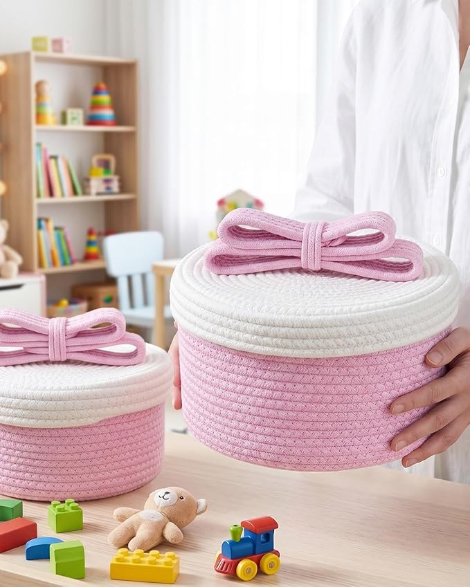 Cute Storage Baskets with Lids, Small Round Woven Rope Basket with Lid, Small Toy Box for Kids or Cat, Cute Basket for Gift, Decorative Basket with Chic Bow Handle, Pink