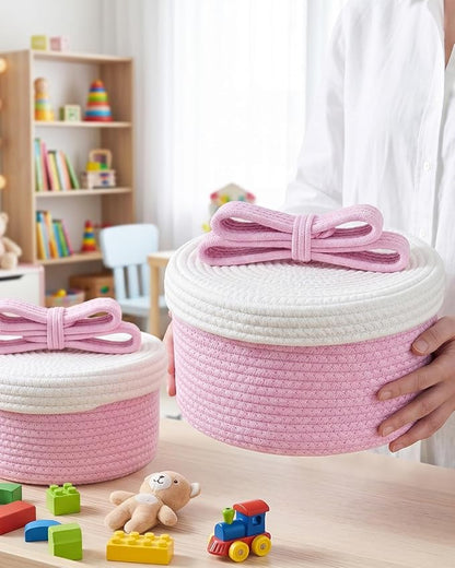 Cute Storage Baskets with Lids, Small Round Woven Rope Basket with Lid, Small Toy Box for Kids or Cat, Cute Basket for Gift, Decorative Basket with Chic Bow Handle, Pink