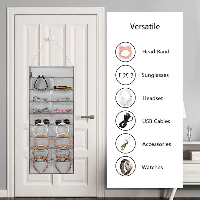 Wall Hanging Headband Organizer Ribbon Hair Hoops Storage Hairbands Hair Accessory Holder with Clear Pockets (GREY-16 POCKETS)
