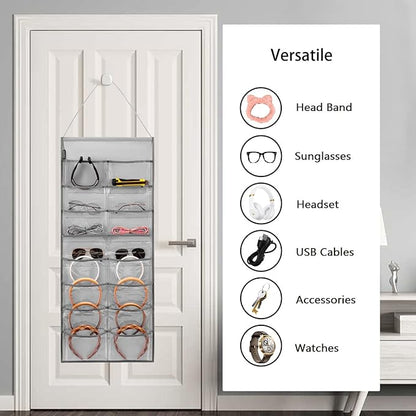 Wall Hanging Headband Organizer Ribbon Hair Hoops Storage Hairbands Hair Accessory Holder with Clear Pockets (GREY-16 POCKETS)