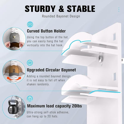 Hat Organizer for Baseball Caps 2Pack, Hat Rack for Wall with Strong Adhesive Hold up to 20 Hats, Hat Hanger Holder Display for Door Closet, Cap Organizer Storage Multilayer Two Mounting Option(White)