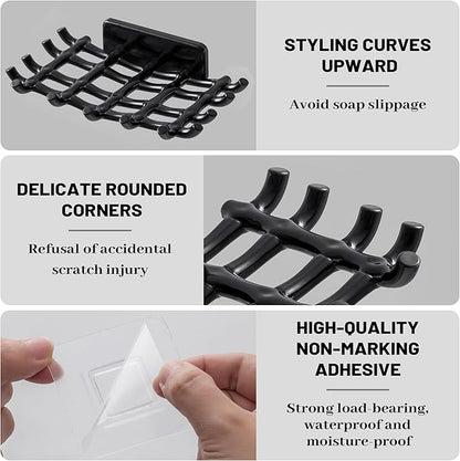 Shower Soap Holder for Wall, Adhesive Bar Soap Dish with Self Draining Grid, Side Hooks and No Drilling Mount, Black, 4 Pack