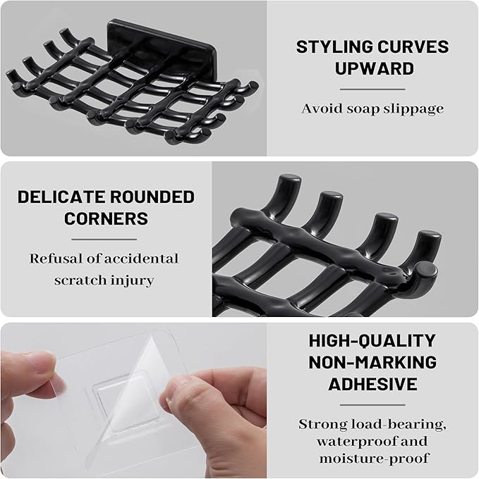 Shower Soap Holder for Wall, Adhesive Bar Soap Dish with Self Draining Grid, Side Hooks and No Drilling Mount, Black, 2 Pack