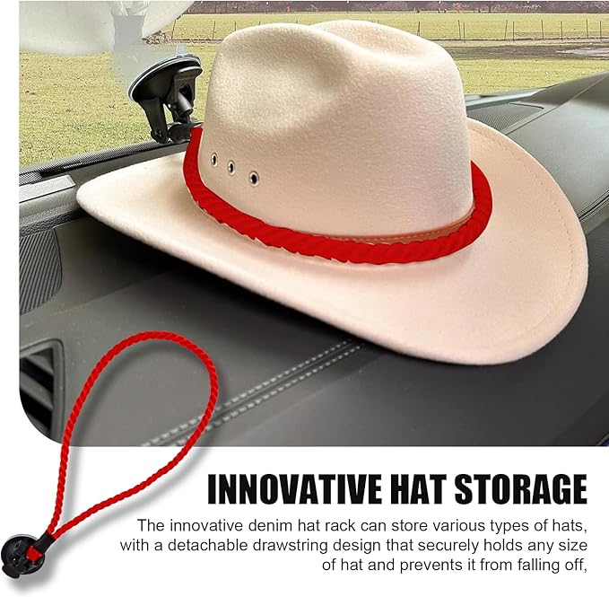 Cowboy Hat Holder for Truck & Car, Cowboy Hat Holder Rack with Suction Cup and Handmade Rope,for Car, SUV, Truck, Home, Universal Truck Accessories (Red)