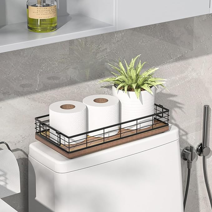 Acacia Toilet Paper Basket 2PCS 13 Inch Bathroom Tank Tray Basket Top of Toilet Storage Toiletries Organizer for Bathroom, Living Room and Kitchen (Acacia & Black)
