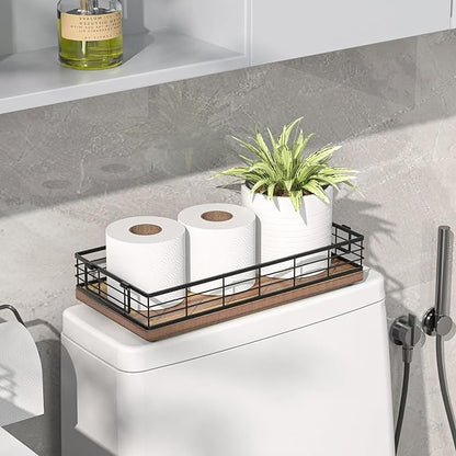 Acacia Toilet Paper Basket 2PCS 13 Inch Bathroom Tank Tray Basket Top of Toilet Storage Toiletries Organizer for Bathroom, Living Room and Kitchen (Acacia & Black)