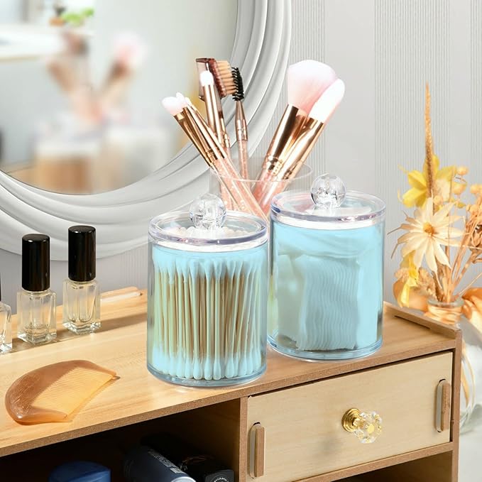 Light Blue Qtip Dispenser Apothecary Jars Bathroom Qtip Holder Storage Canister 10 Oz Plastic Jar for Cotton Ball Swab Round Pads Floss 2pcs