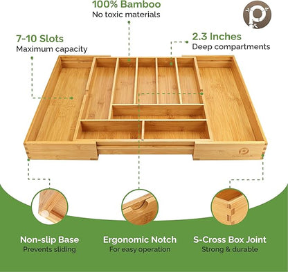 Pristine Bamboo Silverware Organizer - Expandable Kitchen Drawer Organizer - Adjustable Kitchen Drawer Organizer for Utensils, Expandable to 22 Inches Wide, 10 Compartments, Silverware Tray for Drawer