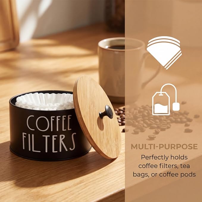 Coffee Filter Holder, Large Capacity Coffee Filter Storage Container with Bamboo Lid, Metal Coffee Filter Dispenser Pod Organizer Basket Accessory for Bar Counter Decor