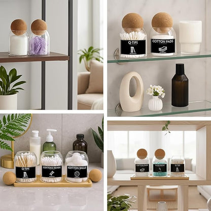 3PCS Qtip Holder for Bathroom Set, 17oz Glass Apothecary Jars with Cork Lids and Tray, Cotton Ball and Swab Holder, Bathroom Containers Organizers and Storage with 9 Labels
