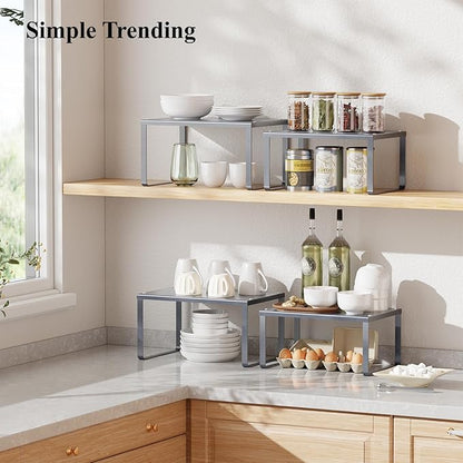 Simple Trending Cabinet Organizer Shelf, Set of 2 Kitchen Counter Shelves, Kitchen Storage, Stackable, Expandable, Metal Spice Rack for Cupboard, Bathroom, Desk, Pantry, Silver