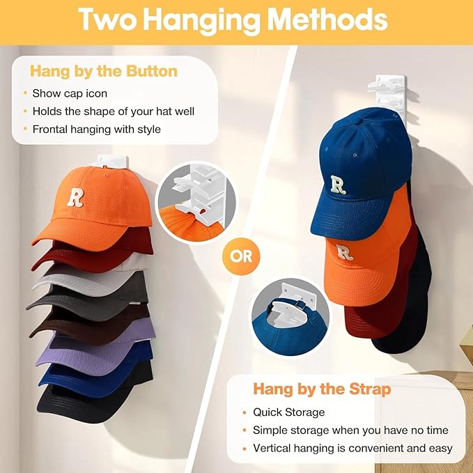 HINIHAO 2 Pack Hat Organizer for Baseball Caps, Hat Rack for Wall with Strong Adhesive, Wall Mounted Hat Hooks Hold up to 16 Hats for Closet Door and Bedroom (White)