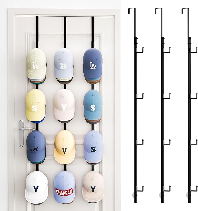SWTYMIKI Over Door Hat Rack - 3 Packs Metal Hanging Hat Organizer with 12 Hooks Design, Baseball Cap Hanger Organizer Storage Holds up to 60 Caps for Door, Bedroom, Closet