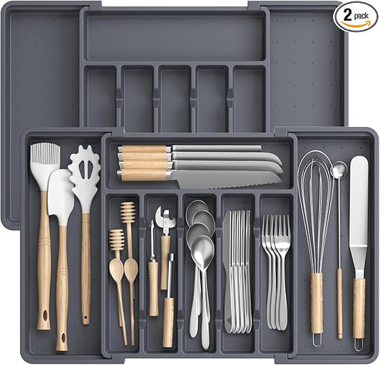 RoomHacks Large Silverware Organizer,Expandable Utensil Drawer Organizer,BPA Free Utensil Holder,Adjustable Silverware Tray Cutlery Drawer Organizer for Kitchen Flatware,Large,Grey,2 Pack