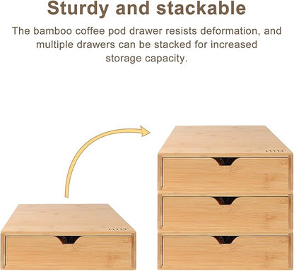 HTB K Cup Coffee Pod Holder, Drawer Type K Cup Organizer Storage, Compatible with K-Cup Pods, Space-Saving Coffee Capsule Drawer- Holds 40 Nespresso Capsules Coffee Pods Bamboo Single Drawer