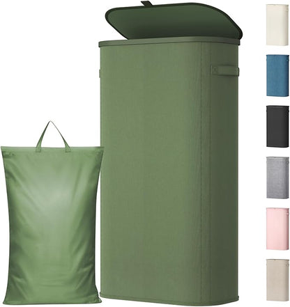 Lifewit Slim Laundry Basket with Lid, Narrow Large Laundry Hamper with Plastic Handles and Removable Bag, Tall Foldable Dirty Clothes Hampers for Laundry Room, Bedroom, Bathroom, Dorm, 75L Green