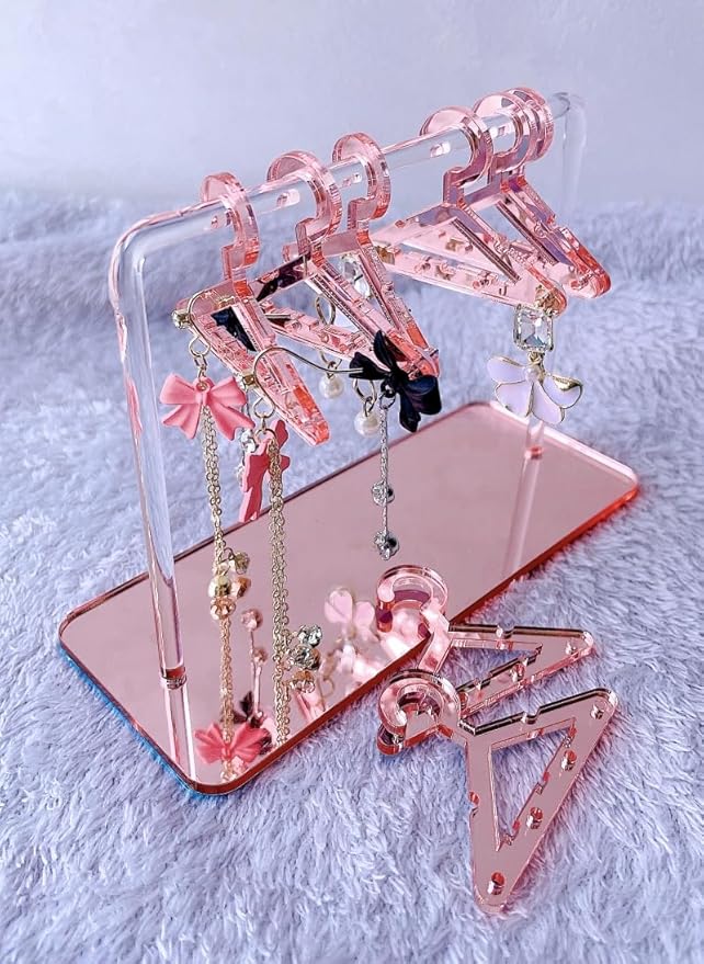 Earring Hanger Rack with 8 Mini Coat Hangers, Acrylic Earring Holder Display Stand, Ear Studs Hanging Earrings Organizer For Women Girls,Rose Gold