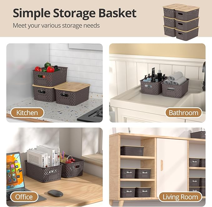 Plastic Storage Bins with Bamboo Lids, Stackable Small Box Baskets for Organizing and Containers for Shelves Drawers Desktop Closet Pantry Classroom Office Home, 6 Pack 10.2x7.2x4.1 Inch, Brown
