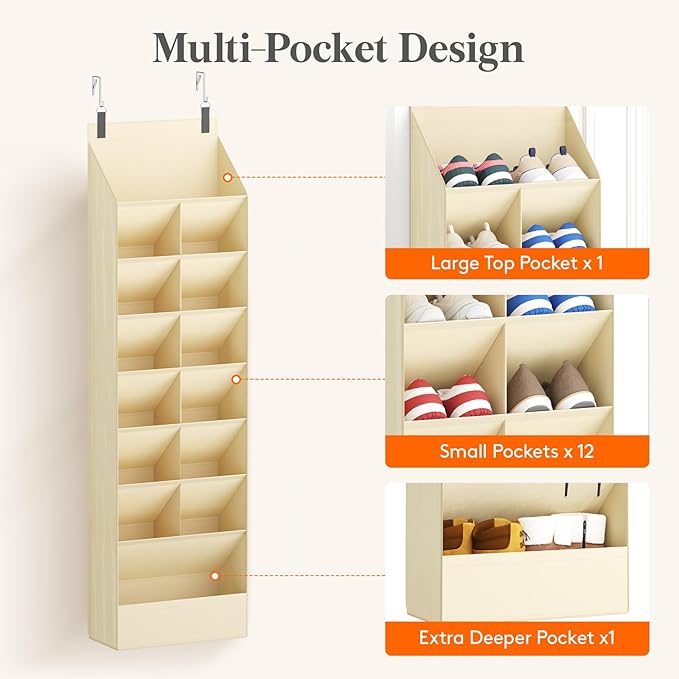 Lifewit 8 Tier Over the Door Shoe Organizer with 15 Large Deep Pockets, Fabric Hanging Shoes Shelf for Closet, Dorm Storage, Fit Up to 16 Pair Shoe Rack Holder for Sneakers, Boots, Beige