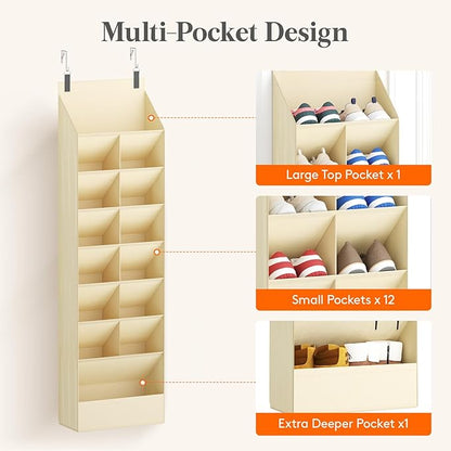 Lifewit 8 Tier Over the Door Shoe Organizer with 15 Large Deep Pockets, Fabric Hanging Shoes Shelf for Closet, Dorm Storage, Fit Up to 16 Pair Shoe Rack Holder for Sneakers, Boots, Beige