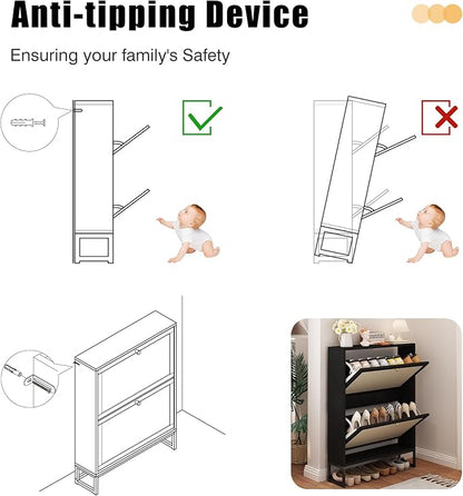 AVZEAR Narrow Shoe Cabinet with 2 Flip Drawer, Freestanding Shoe Organizer Shoe Cabinet Storage for Entryway, Slim Shoe Storage Shoe Rack for Closet with Linen Doors in Hallway, Living Room(Black)