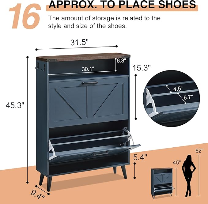 Barnyatoh Shoe Storage Cabinet,Farmhouse Shoe Organizer with 2 Flip Drawers & Barn Door Design,Freestanding Hidden Slim Narrow Shoe Rack Cabinet with Open Storage for Entryway, Foyer,Hallway,Navy Blue