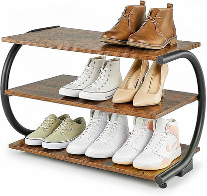 C-Shaped 3-Tier Shoe Rack with Metal Frame & Adjustable Feet - Compact Organizer for Entryway, Closet, Hallway (Holds 11 lbs/Shelf)