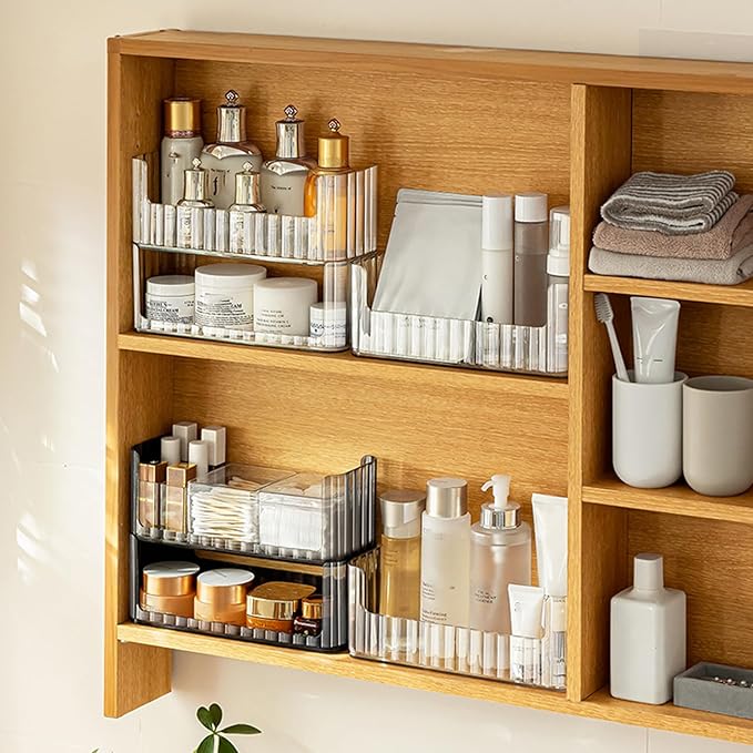 2-Tier Medicine Cabinet Shelves Organizer, Makeup Storage Holder Compartments, Shelf Trays for Bathroom Cabinet Wall, Counter, Vanity, Kitchen - Clear