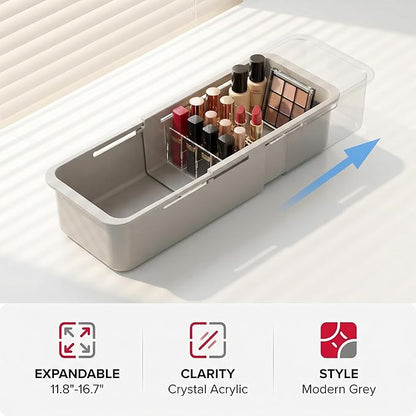 Li&Zhao Drawer Organizer- Adjustable Storage Bins with 5 Dividers, Gray Clear Drawer Organizer for Kitchen, Bedroom, and Office, Expandable clear organizer bins for Makeup, Utensils, and Gadgets