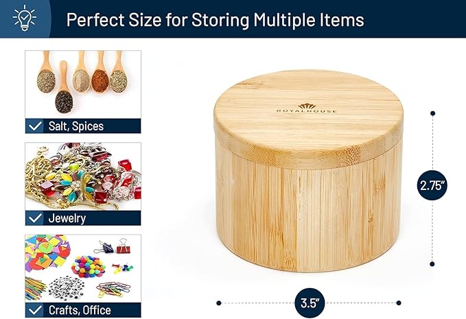 RoyalHouse Bamboo Salt Cellar Bamboo Storage Box with Magnetic Swivel Lid, 6 Ounce Capacity