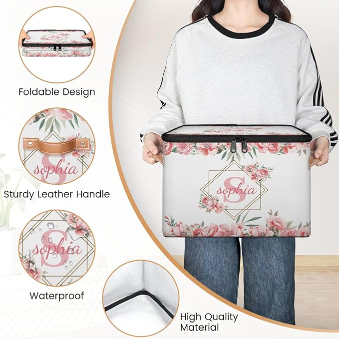 Custom Initials Storage Bins with Lid, Foldable Personalized Storage Basket Boxes with Handle Pink Flower Shelf Basket Closet Organizer Cube