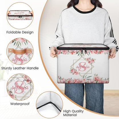 Custom Initials Storage Bins with Lid, Foldable Personalized Storage Basket Boxes with Handle Pink Flower Shelf Basket Closet Organizer Cube