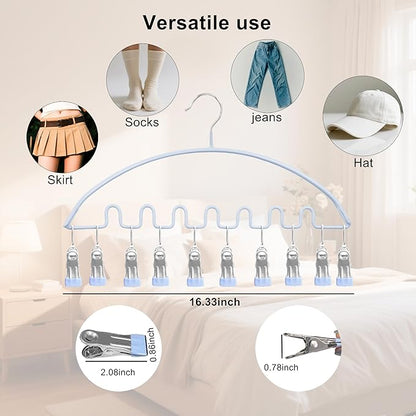 Legging Organizer for Closet,Metal Wave Design Pants Hanger with 10 Clips 7 Hooks, Closet Storage for Pants, Skirts, Hats (Blue, 2Pack)