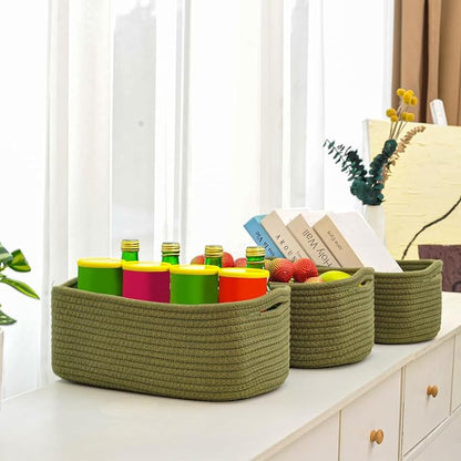 ICERZCZ Small Green Storage Baskets for Organizing Shelves, Cute Woven Baskets for Storage, Organizer Basket for Decor, Gift Basket, 13"×8.5"×5.1" (3 Packs) Green