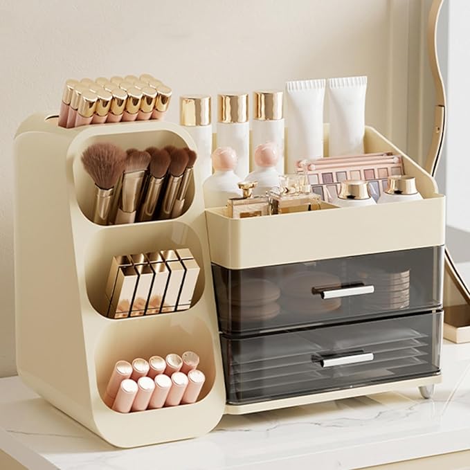Covzoe Large Makeup Organizer with Brush Holder, Spacious Cosmetics Display Case with Drawers for Vanity, Skin Care Storage Solution for Lipstick Beauty Essential Bathroom Countertop
